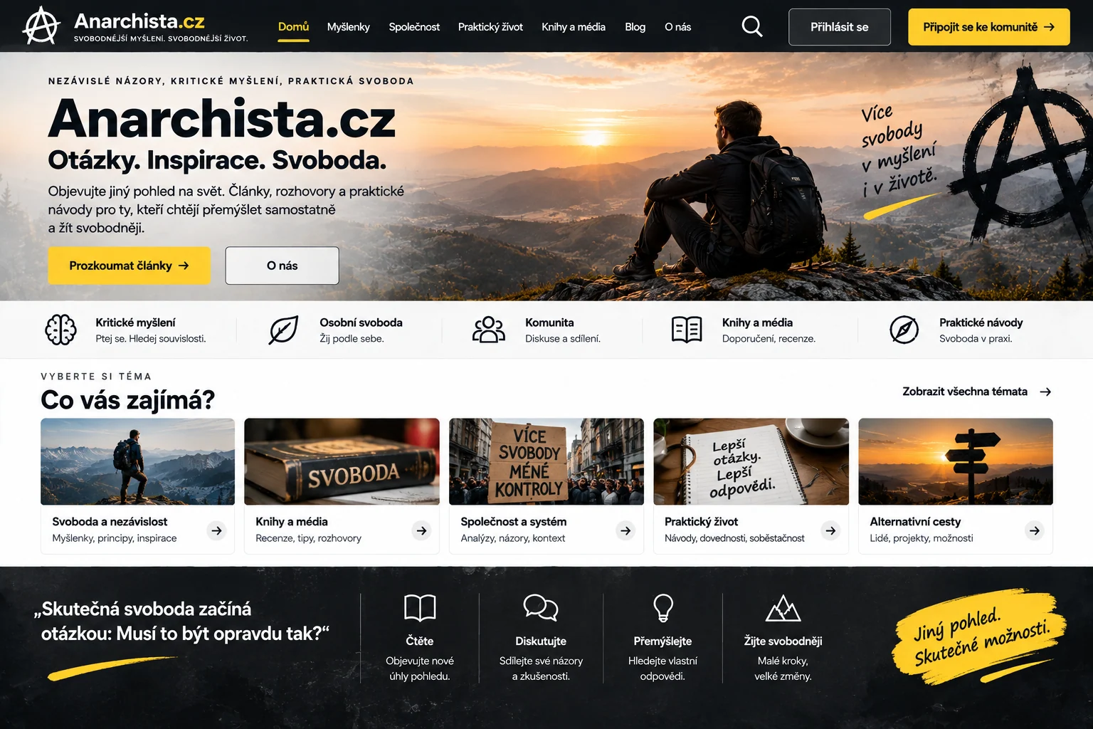 Ilustrační návrh obsahového webu Anarchista.cz ve žluté a tmavé